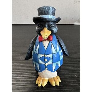 Jim Shore Penguin Tuxedo Top Hat Red Bow Tie & Blue Quilt Vest 3" Figurine